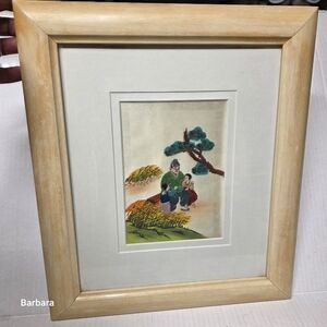 Vintage 50s Silk Embroidered Asian Family Scene Framed